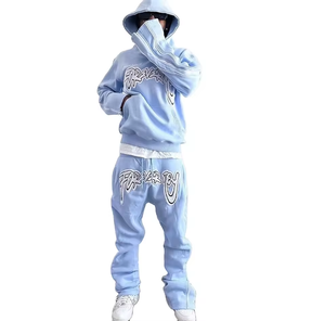 Ensemble de survêtement en molleton bleu clair pour homme, sweat-shirt à capuche et pantalon de jogging, deux pièces, vêtements de sport d'hiver - Product Image 1