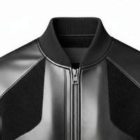 Blouson Bomber Homme en Cuir de Vachette Véritable Écologique Coupe-Vent Style Moto Col Rabattu Fermeture Éclair Noir Uni
