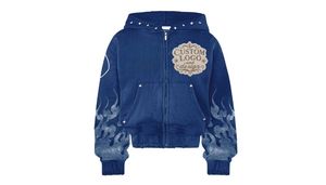 Sweat à capuche oversize imprimé flamme rouge, broderie vieillie, délavage acide, délavage à la pierre, strass, épaules tombantes, MOQ 10 - Product Image 3