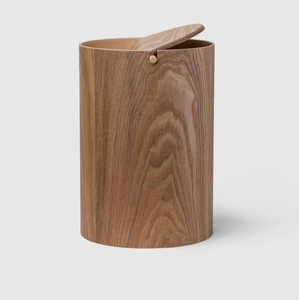 Luxury Round Minimalist Wooden Dustbin with Flip <b>Lid</b> | Modern Round Trash Can for Bathroom & Office - Product Image 1