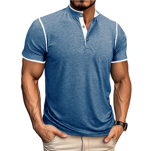 European American Men's Vintage Breathable Stand Collar Open-End Short Sleeve Double-Layer <b>Patchwork</b> Contrasting Color T-<b>Shirt</b> - Product Image 4