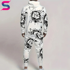 Men <b>White</b> Black Print Hooded <b>Tracksuit</b> Full Sleeve Loose Fit Streetwear With Drawstring Closure Side Pockets Autumn Casual Wear - Product Image 2