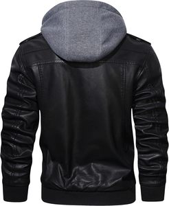Men Black PU Leather Moto Biker <b>Jacket</b> Hooded Zipper Front Solid Color Slim Fit Regular Sleeve Autumn Windproof - Product Image 2