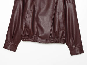 Veste en similicuir bordeaux vintage pour femme, coupe oversize, col montant, style rétro motard, manteau bomber streetwear - Product Image 4