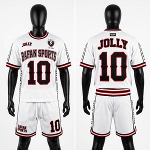 Conjunto de camiseta y pantalones cortos de fútbol de poliéster transpirable de malla premium de 160 GSM, en blanco, negro y rojo, con logotipo personalizado por transferencia térmica para hombre. - Product Image 1