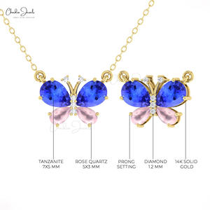 Collier en or fin 14 carats avec quatre pierres précieuses tanzanite et quartz rose de 7x5 mm, pendentif papillon serti de diamants blancs - Product Image 4