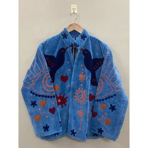 Hand Embroidered <b>Velvet</b> Jacket <b>Women</b> Mandarin Collar Full Sleeve Autumn Open Front <b>Coat</b> With Birds And Hearts Pattern - Product Image 6