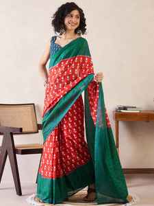 Sari en soie à séchage rapide avec imprimé dessiné à la main orange et vert, bordure contrastante, tenue ethnique indienne traditionnelle pour femme, décontractée, mariage, bal de promo - Product Image 4