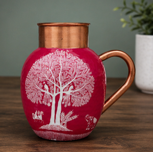 Carafe à eau en cuivre pur, émaillée rose, motif imprimé Arbre de Vie, motif paon et éléphant, style antique indien ayurvédique - Product Image 1