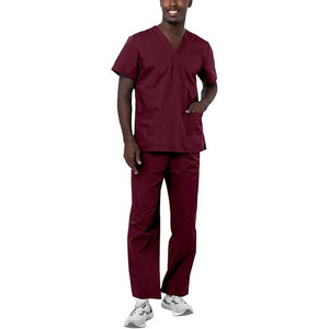 Men's Maroon V-Neck <b>Scrub</b> Set Cotton Polyester Woven Hospital Uniform Pants Matching Top Professional Medical <b>Scrub</b> Suit - Product Image 1