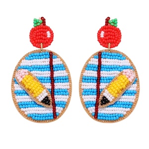 Cuteness Handcraft Beaded Embroidery Apple <b>Pencil</b> Book Drop Earrings Jewelry Fancy Stylish & Elegant Premium By Hiba Enterprises - Product Image 1
