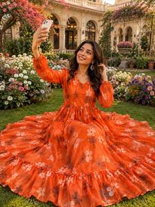 Vestido largo maxi con estampado floral naranja para mujer, vestido informal de manga larga estilo bohemio con corte en A - Product Image 3