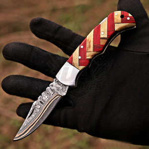 Couteau de poche pliant en cuivre damas forgé à la main, avec système de verrouillage arrière, fait main, EDC, pour le camping, la chasse, lame pointe clip, manche en bois - Product Image 1