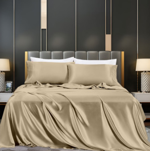 Luxury Champagne Gold Satin Bedsheet Set With Silky Pillowcases Elegant Smooth Bedroom Bedding Decor - Product Image 2