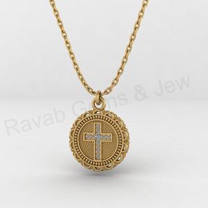 Pendentif religieux chrétien de luxe géométrique rond de 18 mm en argent 925 plaqué or 14 carats avec croix pavée de CZ, bijoux fins pour hommes - Product Image 6