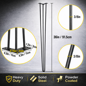 36" Hairpin <b>Table</b> <b>Legs</b> 3 Robs Set 4 880lbs Capacity Metal Furniture <b>Legs</b> Stainless Steel Modern DIY Dining Desk EDPTBL021 - Product Image 5