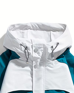 Men's Hooded Puffer Jacket Color Blocking Design Waterproof Regular Fit Winter Sporty Style With Patch Logo Left Sleeve - Product Image 3