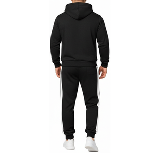 Conjunto deportivo clásico para hombre con franja lateral, sudadera con capucha y pantalones en negro y blanco, ropa informal para gimnasio, traje para correr. - Product Image 3