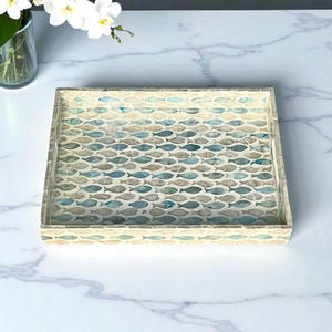 Blue Mother of Pearl Serving <b>Tray</b>: Handmade Nacre Coffee Table <b>Decor</b> Fish Pattern - Product Image 3