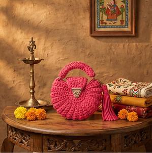 <b>Women's</b> Ethnic Pink <b>Tshirt</b> Yarn Oreo Bag Handmade Pearl Two Straps Purse Boho Shoulder Bag Cotton Cord Weaving - Product Image 3