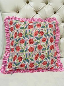 Dolly Enterprises Handmade Cotton Luxury Floral Block Print Throw <b>Pillow</b> Cover Ruffle Edge Boho <b>Sofa</b> Cushion Case Zipper Closure - Product Image 3
