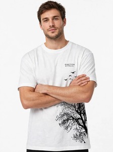 ONETEN APPAREL เสื้อยืดคอกลมแขนสั้นผู้ชายสีขาวพิมพ์ลายต้นไม้นกเสื้อยืดลำลอง - Product Image 3