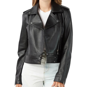 Chaqueta de cuero genuino para mujer, estilo motociclista, manga larga, cierre de cremallera, cuello extendido, para otoño, estilo urbano. - Product Image 1
