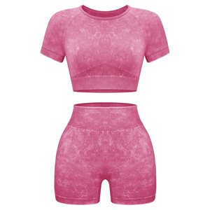Conjunto Deportivo de 2 Piezas para Mujer, Top Corto de Manga Corta y Pantalones Cortos de Cintura Alta, Tejido Sólido Transpirable, Primavera Verano - Product Image 6