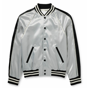 Blouson Bomber en Satin Gris pour Homme, Coupe Droite, Couleur Unie, Boutons sur le Devant, Vêtement d'Extérieur Décontracté, Col Rabattu, Idéal pour l'Automne - Product Image 1