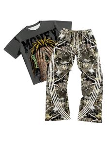 Men Graphic Tracksuit Set 2 Piece Short Sleeve T Shirt and <b>Flared</b> Drawstring <b>Sweatpants</b> OEM <b>Wholesale</b> - Product Image 1