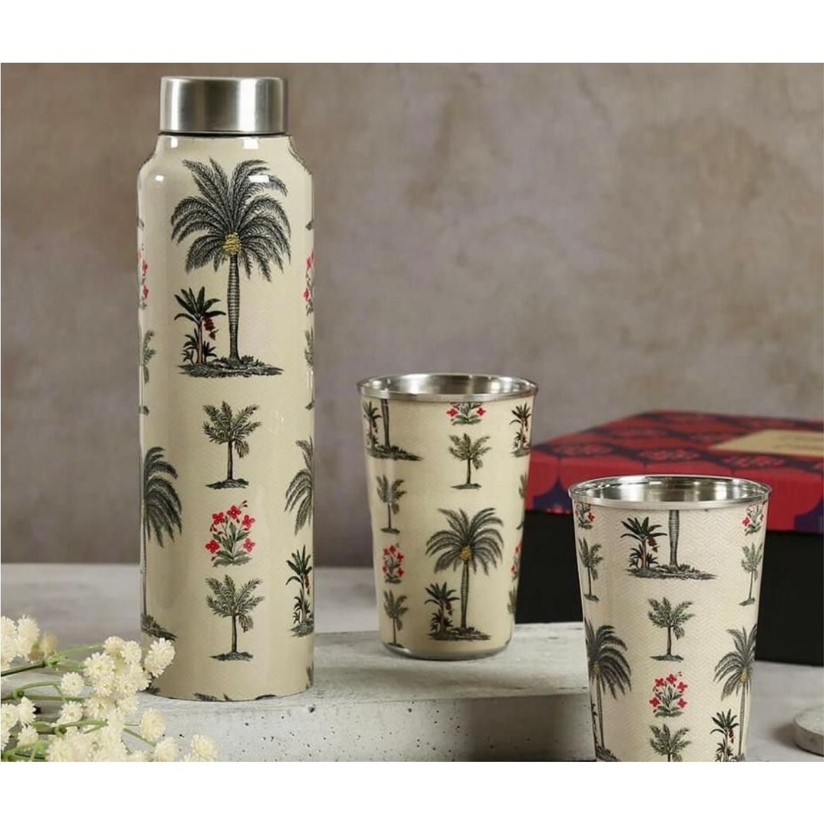 Pure Copper Water Bottle Set with 2 Glasses | Handmade Enamel