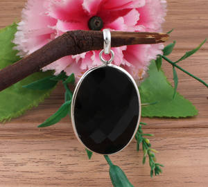 Black Onyx Pendant Hand Cut Onyx Necklace Sterling Silver Vintage Charms <b>Witchy</b> Black Stone Amulet Large Oval Cut Gemstone <b>Gift</b> - Product Image 1