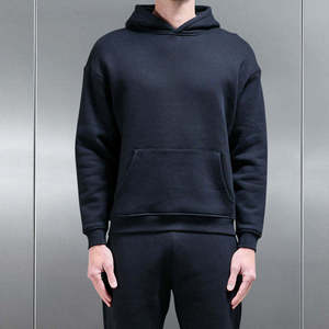 Ensemble de survêtement unisexe noir à capuche 2-en-1 anti-plis, manches longues, couleur unie, décontracté, sweat-shirt et pantalon de jogging léger - Product Image 3