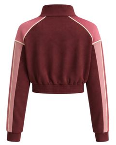 Veste de sport courte pour femme, rose bordeaux, zippée, avec rayures contrastées, pour le fitness et la gym, fabriquée sur mesure. - Product Image 2