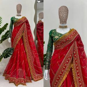 SHKK <b>Red</b> Designer Organza <b>Silk</b> Floor-Length Saree with Heavy Embroidery Sequin Zari Work Unstitched Blouse Wedding Occasion - Product Image 4