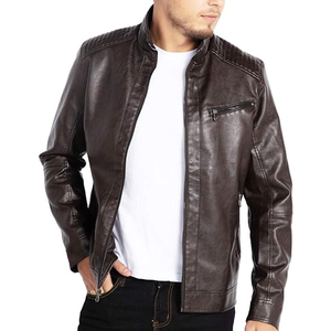 Wholesale Men's Genuine Leather Biker Jacket <b>Fur</b> <b>Trim</b> Stand Collar Solid Pattern Zipper Front Streetwear Style Sherpa Lining - Product Image 3