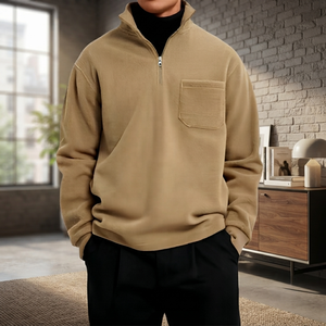 Suéter de Forro Polar con Cierre de Cremallera de un Cuarto para Hombre, Color Caqui, con Bolsillo en el Pecho, Corte Regular, Ropa Casual de Otoño - Product Image 3