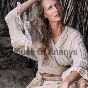 Haut Kimono en Coton Brut à Manches Larges, Blouse Bohème Courte, Chemise Tribale Gypsy, Vêtement Féminin Biologique, Haut d'Été Beige - Product Image 4