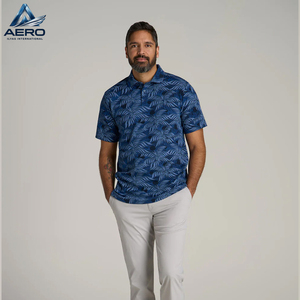 เสื้อโปโลชายพิมพ์ลายคุณภาพสูงแบบกำหนดเอง เสื้อโปโลลำลองฤดูร้อนลายต้นปาล์มสีน้ำเงิน แขนสั้น ระบายอากาศได้ดี เสื้อโปโลชายสำหรับเล่นกอล์ฟ - Product Image 4