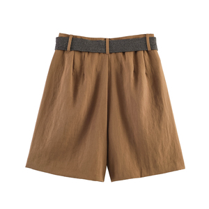 Shorts d'été décontractés plissés à 4 coloris avec fermeture éclair et ceinture, couleur unie, pour femmes - Product Image 2