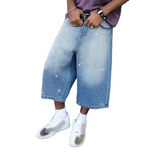 <b>Men's</b> 100% Cotton Solid Rhinestone Acid Wash Denim Jorts Oversized Casual Gym Baggy Fit Hip Hop <b>Knee</b> <b>Length</b> <b>Shorts</b> Summer Custom - Product Image 1