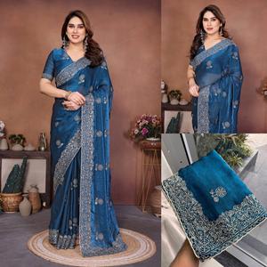 Ensemble de sari de cérémonie haut de gamme avec chemisier brodé de créateur pour femmes, conçu pour les mariages grandioses et les fêtes festives - Product Image 4