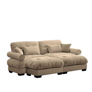 Divano Moderno Oversize a 2 Posti in Velluto con Poggiapiedi, Braccioli Imbottiti e Cuscino Lombare - Cuscini Decorativi Inclusi per Soggiorno - Product Image 5