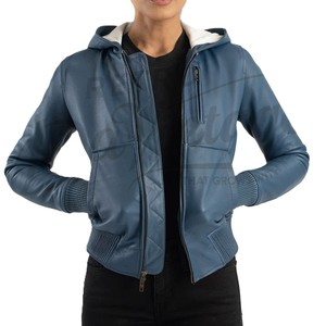 Chaqueta Bomber Azul de Cuero Genuino para Mujer con Capucha, Acolchada, Ajustada, de Piel de Oveja Premium, Abrigo Casual de Invierno a la Moda - Product Image 1