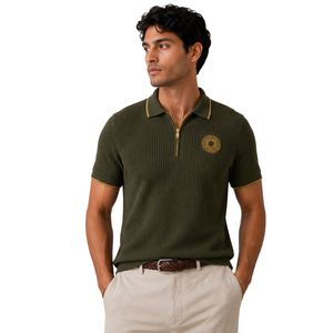 Olive Green Men Knitted <b>Polo</b> Shirt Gold Zipper Short Sleeve Luxury Casual Summer Top Textured Fabric Custom Designer Golf Shirt - Product Image 1