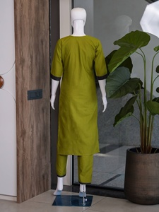 Green Cotton <b>Kurta</b> Pant Set With Embroidered Panel Traditional <b>Indian</b> Wear For Women Casual Ankle-Length Regular Fit - Product Image 5
