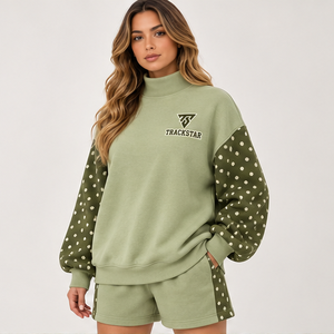 Women's Light Olive Polka Sleeve Mock Neck 2-Piece <b>Shorts</b> <b>Set</b> Custom Casual Sportswear - Product Image 3