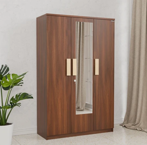 Rich brown 3 door wooden wardrobe featuring a center mirror and golden handles, available at wholesale prices. - Product Image 1