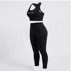 Conjunto de Yoga de 2 Piezas North Approach, Top Corto Negro con Espalda Cruzada y Leggings Largos de Cintura Alta, Ropa Deportiva sin Costuras - Product Image 3