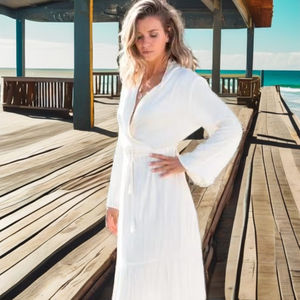 Premium bohème évasé décontracté Maxi robe pour femmes taille réglable Flare manches col rond drapé Look Viscose Resort Style - Product Image 1